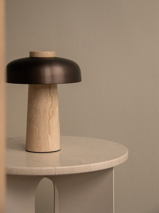Portable Dimmer Table Lamp with Opal Diffuser – Geometric Design in Raw Stone and Bronze Aluminum, IP44 Rated for Indoor/Outdoor Use 1