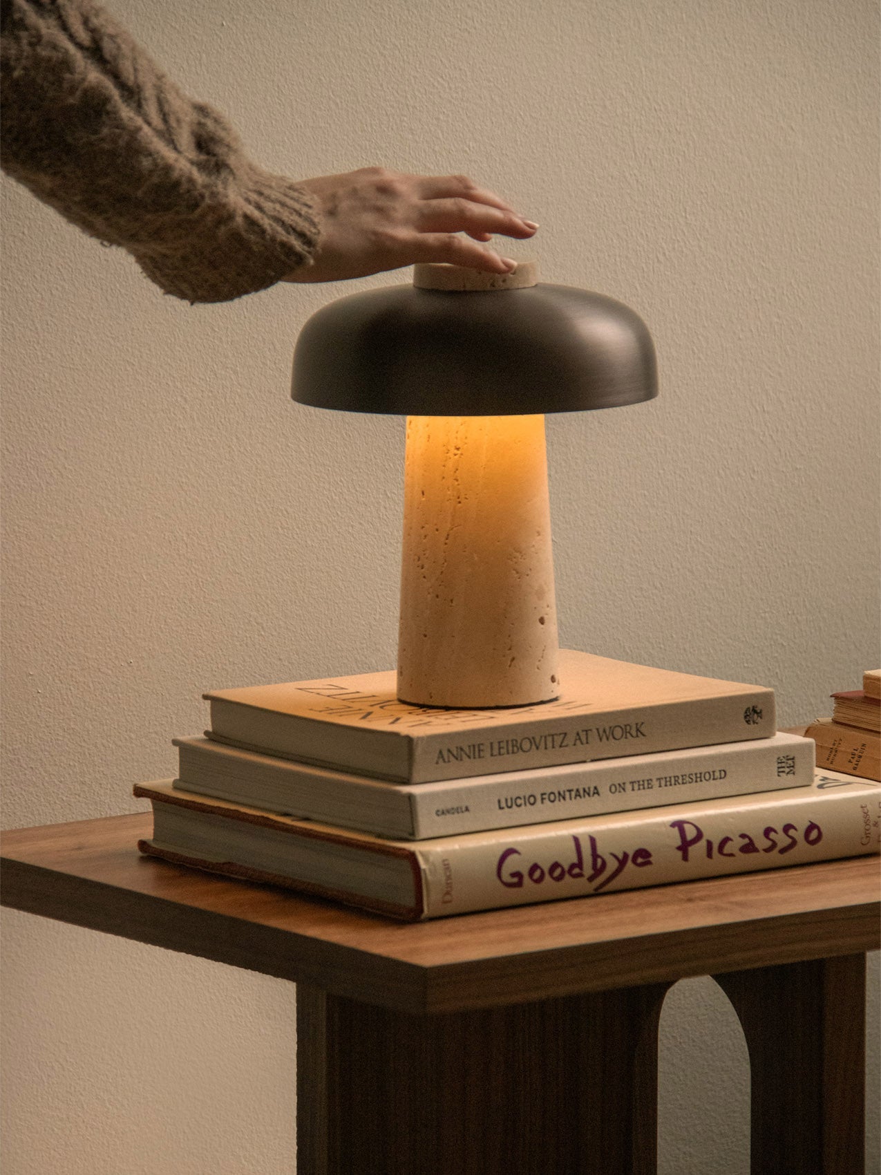 Portable Dimmer Table Lamp with Opal Diffuser – Geometric Design in Raw Stone and Bronze Aluminum, IP44 Rated for Indoor/Outdoor Use 2
