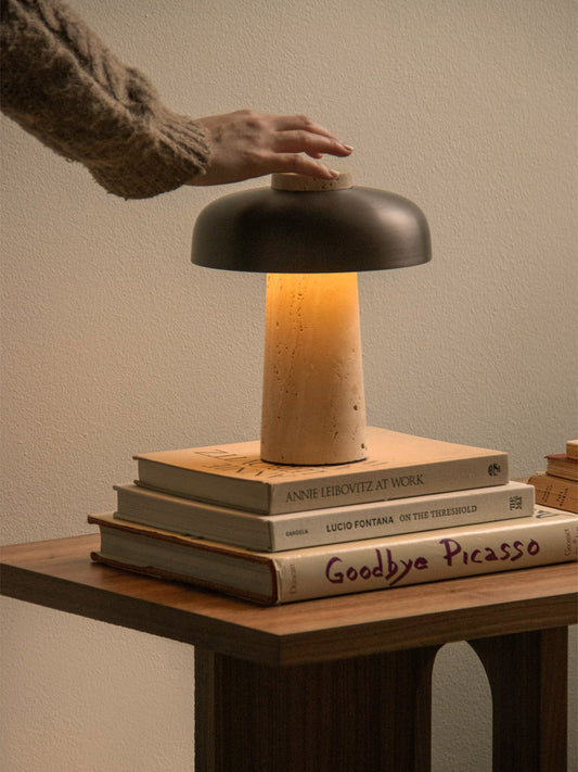 Portable Dimmer Table Lamp with Opal Diffuser – Geometric Design in Raw Stone and Bronze Aluminum, IP44 Rated for Indoor/Outdoor Use 2