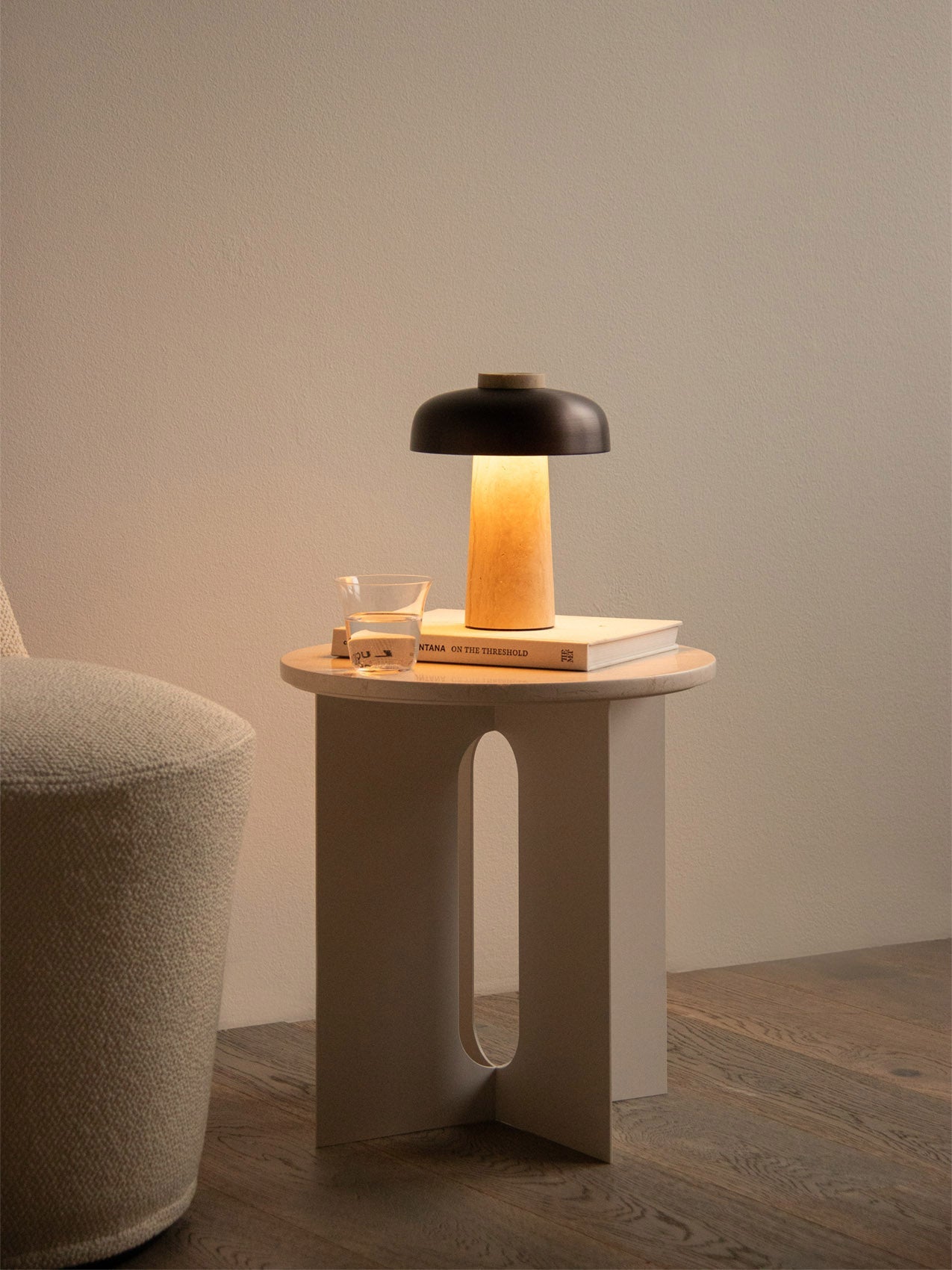 Portable Dimmer Table Lamp with Opal Diffuser – Geometric Design in Raw Stone and Bronze Aluminum, IP44 Rated for Indoor/Outdoor Use 4