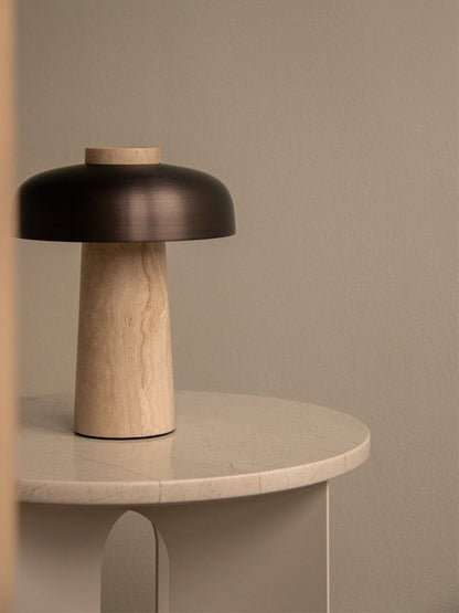 Portable Dimmer Table Lamp with Opal Diffuser – Geometric Design in Raw Stone and Bronze Aluminum, IP44 Rated for Indoor/Outdoor Use 1