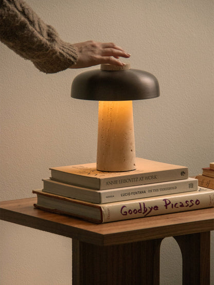 Portable Dimmer Table Lamp with Opal Diffuser – Geometric Design in Raw Stone and Bronze Aluminum, IP44 Rated for Indoor/Outdoor Use 2